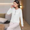 Women Tops Round Neck Zipper Half Placket Long Sleeve Pullover Tops Solid Color Shiny Sequins Loose Fit Blouse