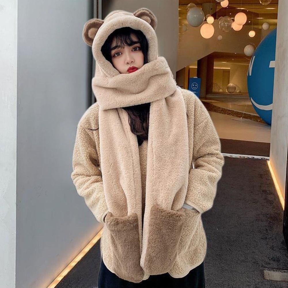 Cute Cartoon Bears Ears Plush Hat Warm Soft Hat Scarf Gloves Set Windproof Ear Protection Cap Women