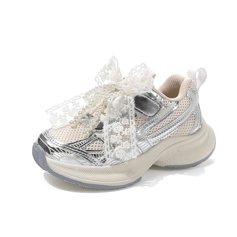 

Breathable Kids Shoes Lightweight Sneakers Non-Slip Sole Outdoor Play Running Toddler Shoes Mesh Shoes for Infants Cute Bow 31 серебряный