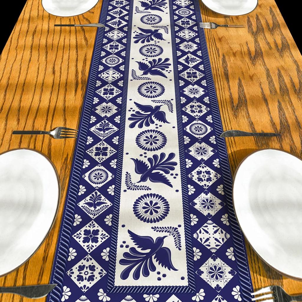 Mexican Table Runner Blue Patchwork Tiles Table Cover Mexican Fiesta Talavera Floral Bird Decor Mexican Dia De Los Muertos Decorations for Simple