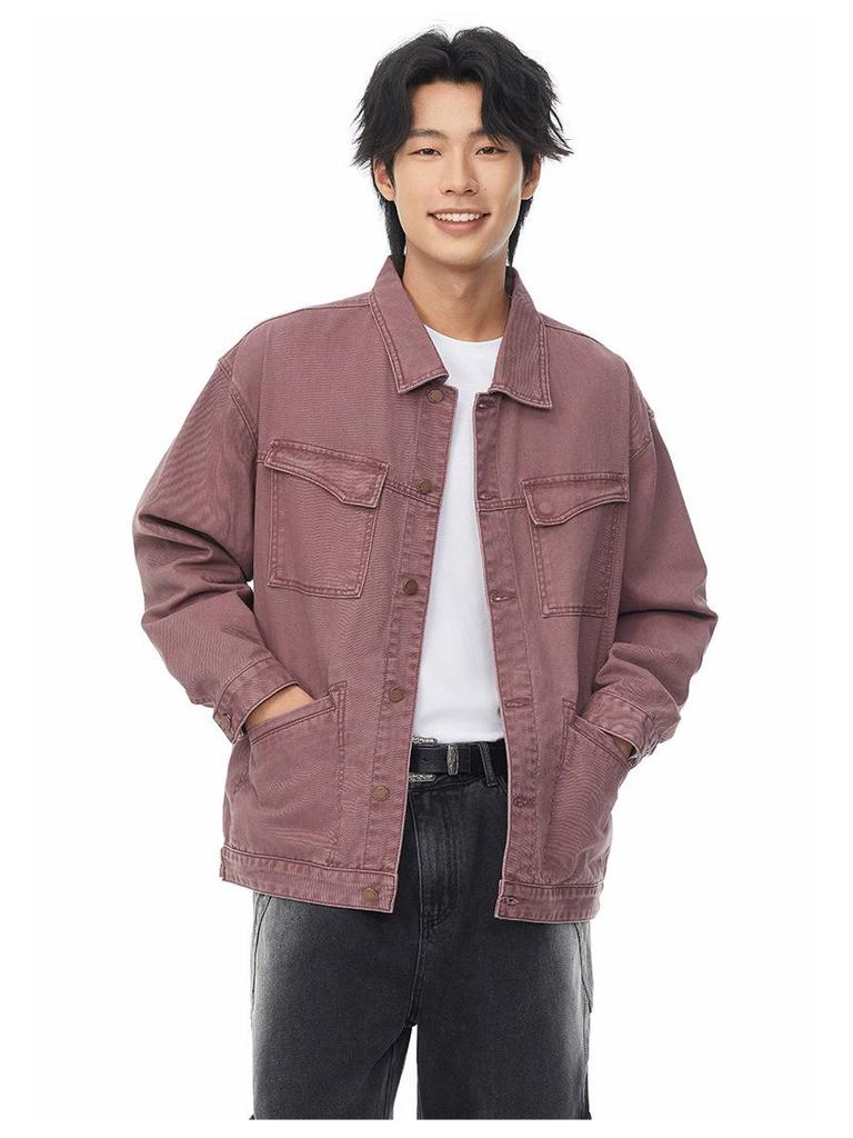Xintang Men's Retro Washed Multi-Pocket Workwear Jacket with Turn-Down Collar