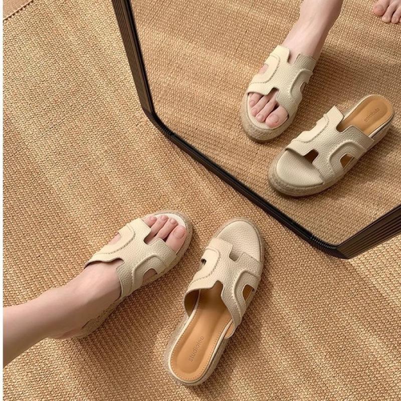 Shoes heightened 6cm retro word with thick-soled wedge heel H drag cool slippers female summer