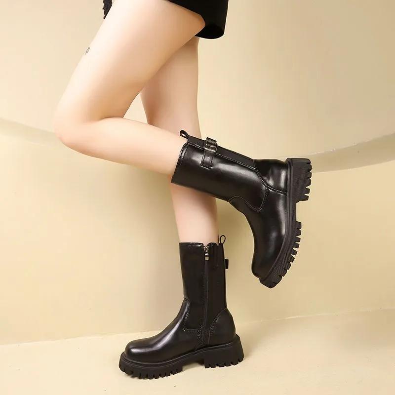 Autumn Winter Women's Chelsea Boots Belt Buckle Side Zippers Female Mid Calf Booties