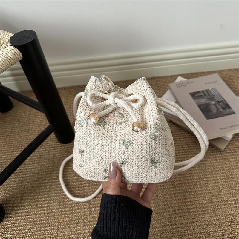 Women's Summer Beach Straw Bag - Drawstring Crossbody & Shoulder Tote
