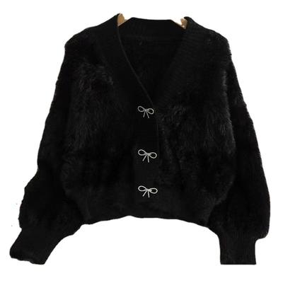 High-End Nerz Samt Rosa Pullover Mantel für Damen, Herbst und Winter Neu Dick Locker Elegant V-Ausschnitt Gestrickte Strickjacke