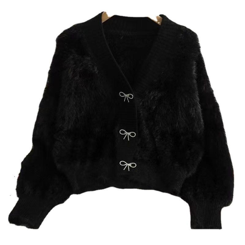 Luxusní růžový svetr-kabátek z norkového sametu pro ženy, podzimní a zimní novinka, silný, volný, elegantní, pletený kardigan s V-výstřihem