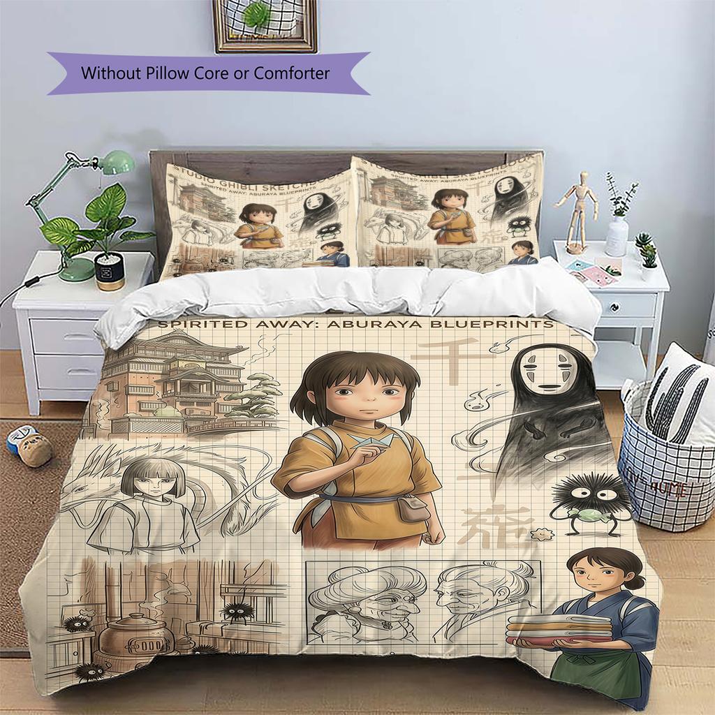 Retro Spirited Away Pattern Bedding Quilt Set Home Decoration Gift (1 * Duvet Cover + 2 * Pillowcase Without Core)