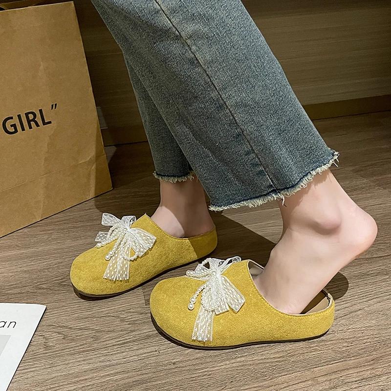 Spring Baotou Slippers for Women Round Head Deep Mouth Suede Beaded Lace Butterfly Knot Soft Soled Non-slip Flats
