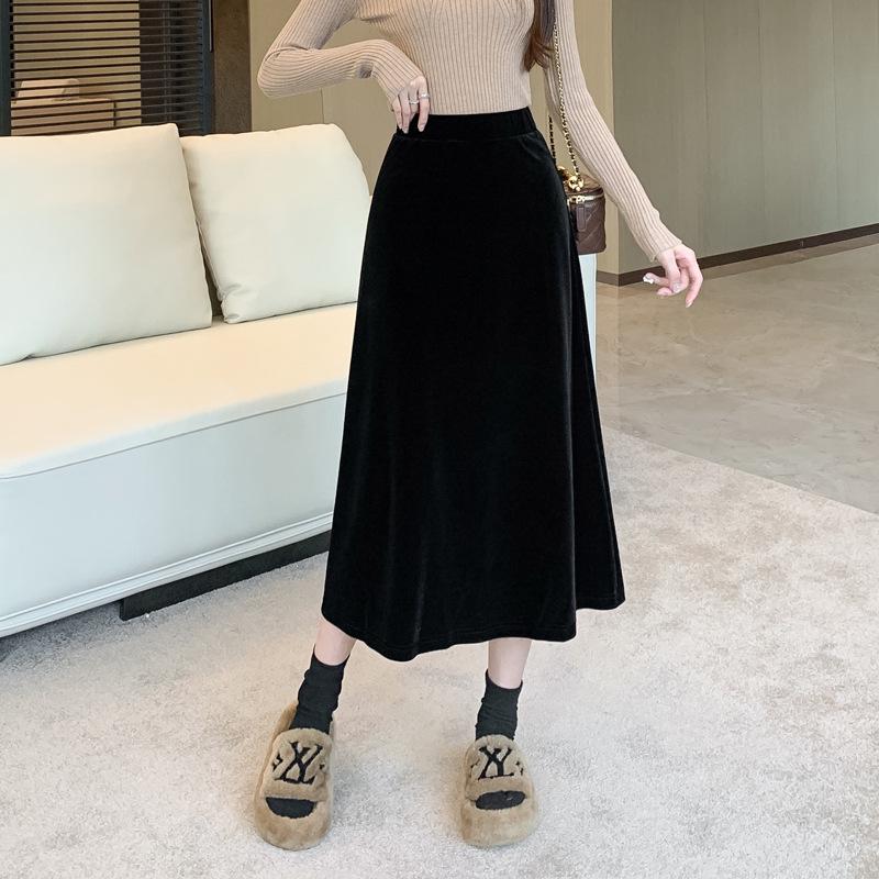 Women s Black Gold Velvet Midi A-line Skirt with High Waist Slimming Drape – Spring 2026 S (80-100 jin)