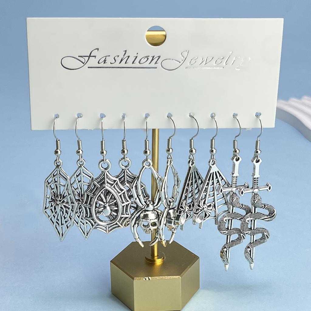 5 Pairs/ Set Halloween Metal Dangle Earrings Retro Skull Bat Spider Sword Snake Shape Goth Style Alloy Ear Set For Women Jewelry
