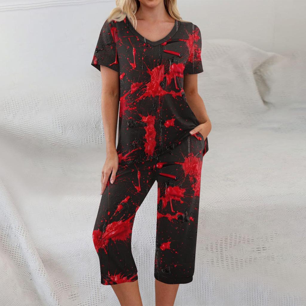 2 Piece Sets For Women Short Sleeve Top And Pants With Pockets Workout Soft Halloween Print Sets