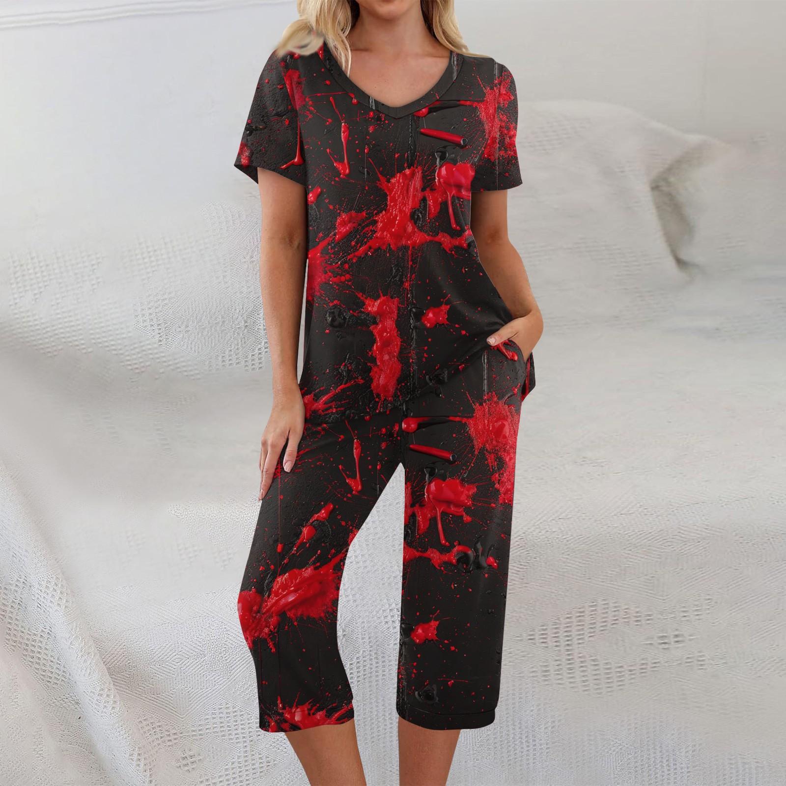 

2 Piece Sets For Women Short Sleeve Top And Pants With Pockets Workout Soft Halloween Print Sets L