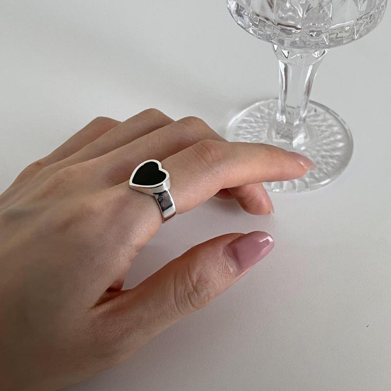 Xiaomi 925 Sterling Silver Geometric Irregular Black Heart Rings for Women Men Bohemian Retro Adjustable Open Antique Personality Ring