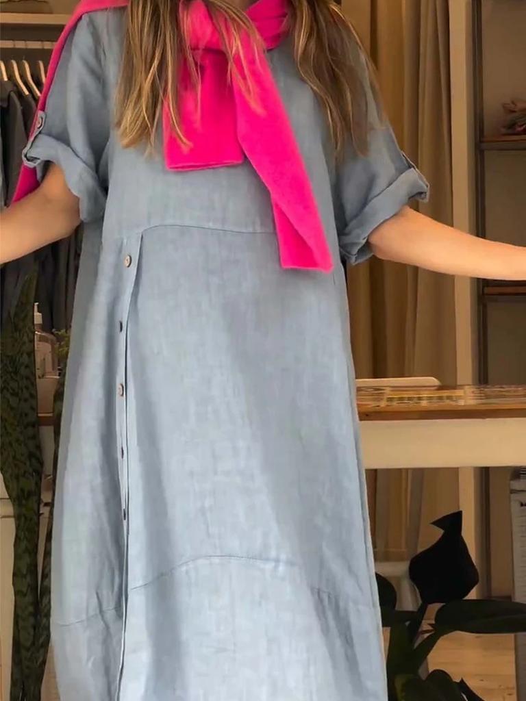 New Women's Summer Breeze Loose Casual Solid Color Short Sleeve Cotton Linen Dress
