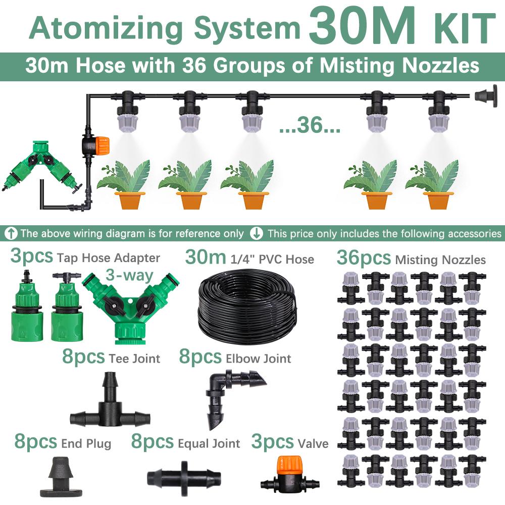 30-10m 60W Self-priming Pump Kit Misting Cooling System 1/4" 4/7mm Adjustable Nozzle Atomizer Sprayer Garden Irrigation Watering