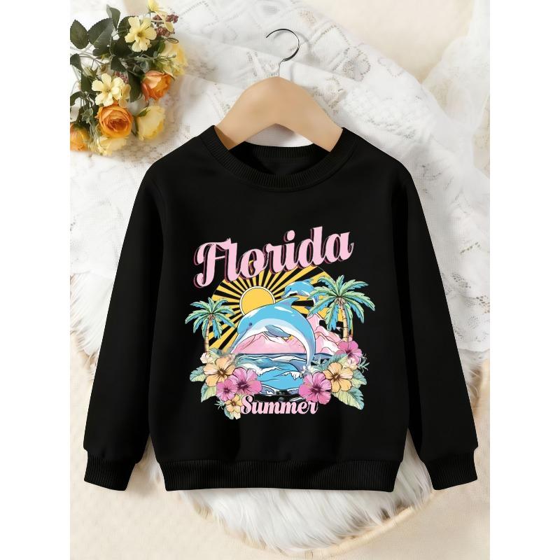 Unisex Kids Crewneck Sweatshirt, Florida Summer Dolphin Palm Tree Floral Print Pullover, Boys Girls Beach Casual Sweatshirt For Kids Over 4 Years Old