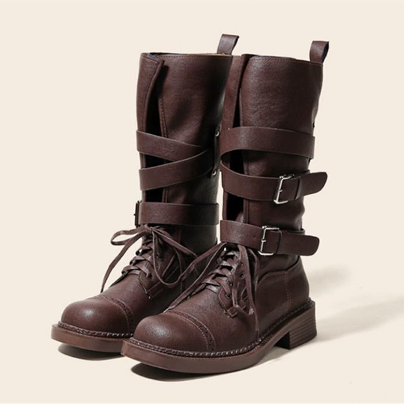 Fashion Punk Style Mid-Calf Motorcycle Boots Women Cool Buckle Design Chunky Platform Botas Leather Ankle Boots for Women Botas Mujer