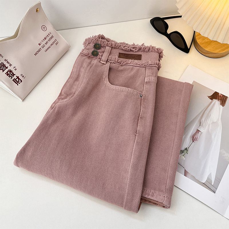 Korean Style Pink Jeans Women Spring Autumn High Waist Raw Edge Straight Denim Pants Simple Gentle All Matched Wide Leg Pants