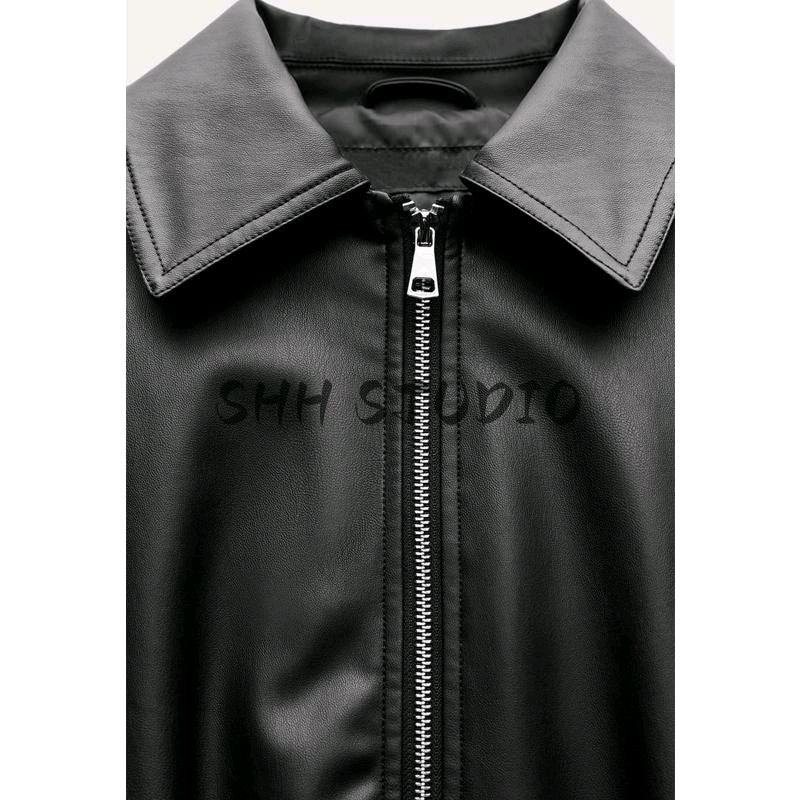 Spring New Arrival Women's Clothing Loose Artificial Leather Poly Urethane Leather Jacket Outwear 3046540 3046376