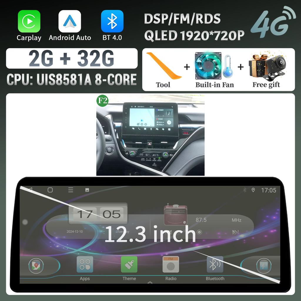 12.3inch For Toyota Camry 2021-2022 Car Radio Multimedia Android 14 4G GPS Navigation Wireless BT Carplay Head Unit Touch Screen