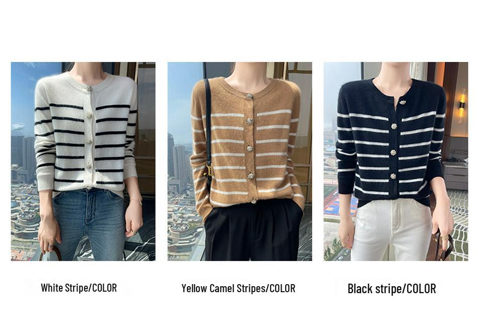 Women's Autumn Winter Cashmere Stripe Knit Cardigan - Round Neck, Versatile Loose Sweater