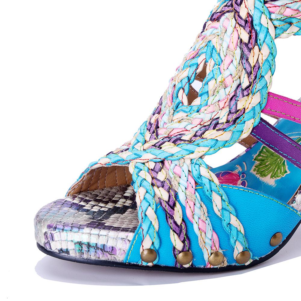 Johnature Ręcznie robione sandały damskie na wysokim obcasie z prawdziwej skóry, plecione, w stylu bohemy, ażurowe