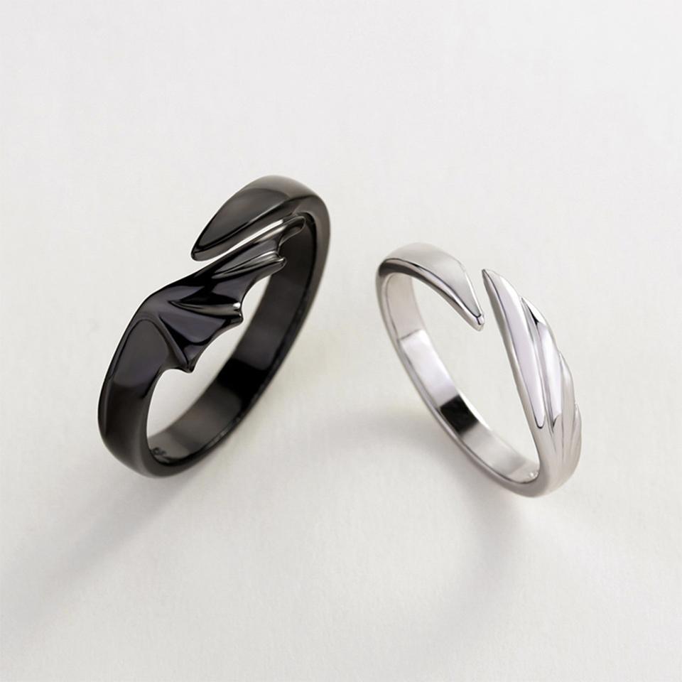 ZAKOL Hip Hop Angel and Devil Couple Rings Men Women Korean Simple Black White Student Gift Zircon for Engagement Accessary