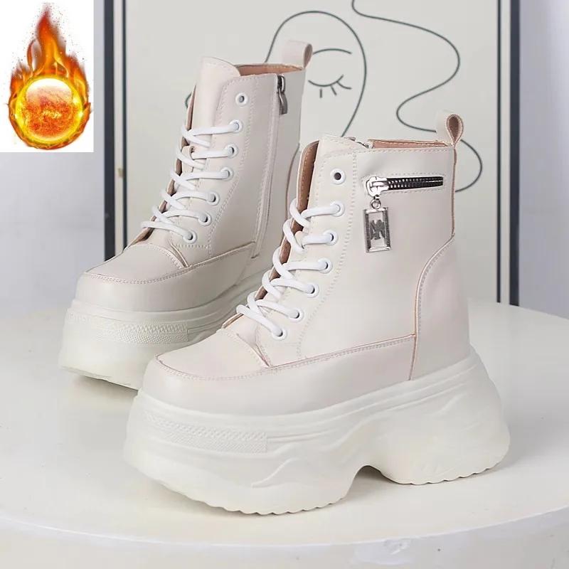 Modă 12CM Piele Naturală Platformă Pană Adidași Groși Primăvară Toamnă Botine Gleznă Botine Dama Culoare Mixtă Pantofi cu Toc Ascuns