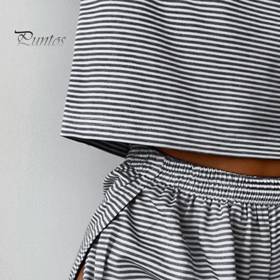 2 Teile/satz Sommer Homewear Top Und Hosen Anzug Gestreiften Pyjamas Lose Nachtwäsche Kurzarm T-shirt Elastische Taille Schlitz Shorts Set
