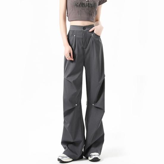 Cargo Pants for Women High Waist Wide Leg Solid Color Straight Overalls with Pockets Casual Drawstring Retro Loose Trousers