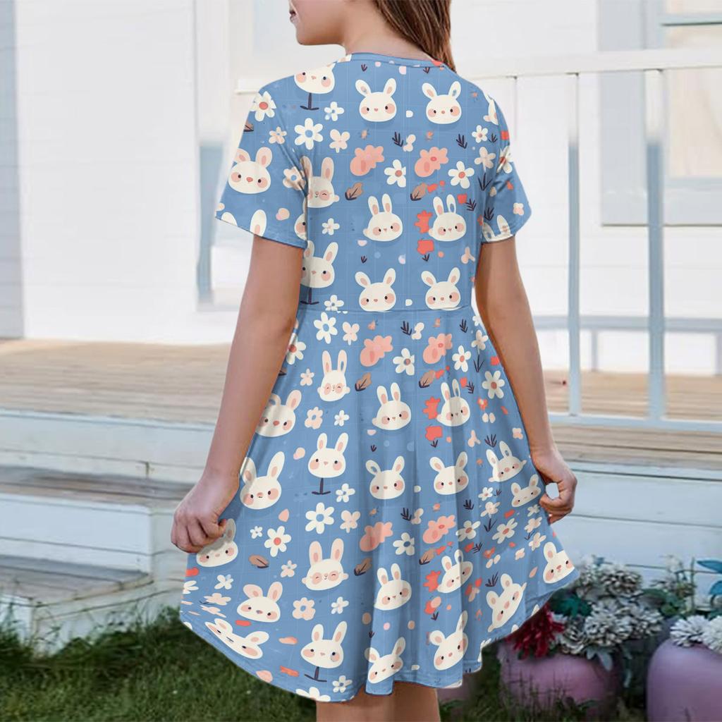 Girl Summer Dress Color & Print Short Sleeve Dress With Pocket Casual Dress Shorts Sleeve Party Dress Easter Day