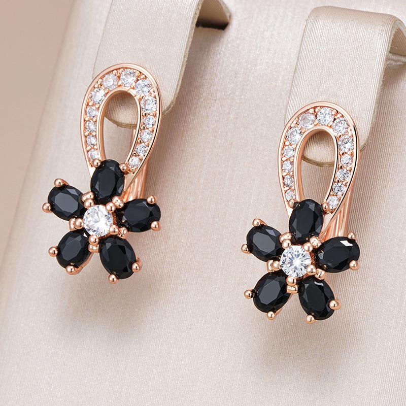 Luxury Hollow Flowers Women Earrings Black White Natural Zircon  Rose Gold Drop Earrings Bridal Wedding Fashion Jewelry