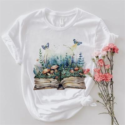 Casual Round Neck Women's T-Shirt Mushroom Butterfly Printed Book Pattern Clothing Women's Summer Short Sleeved White Fun Top