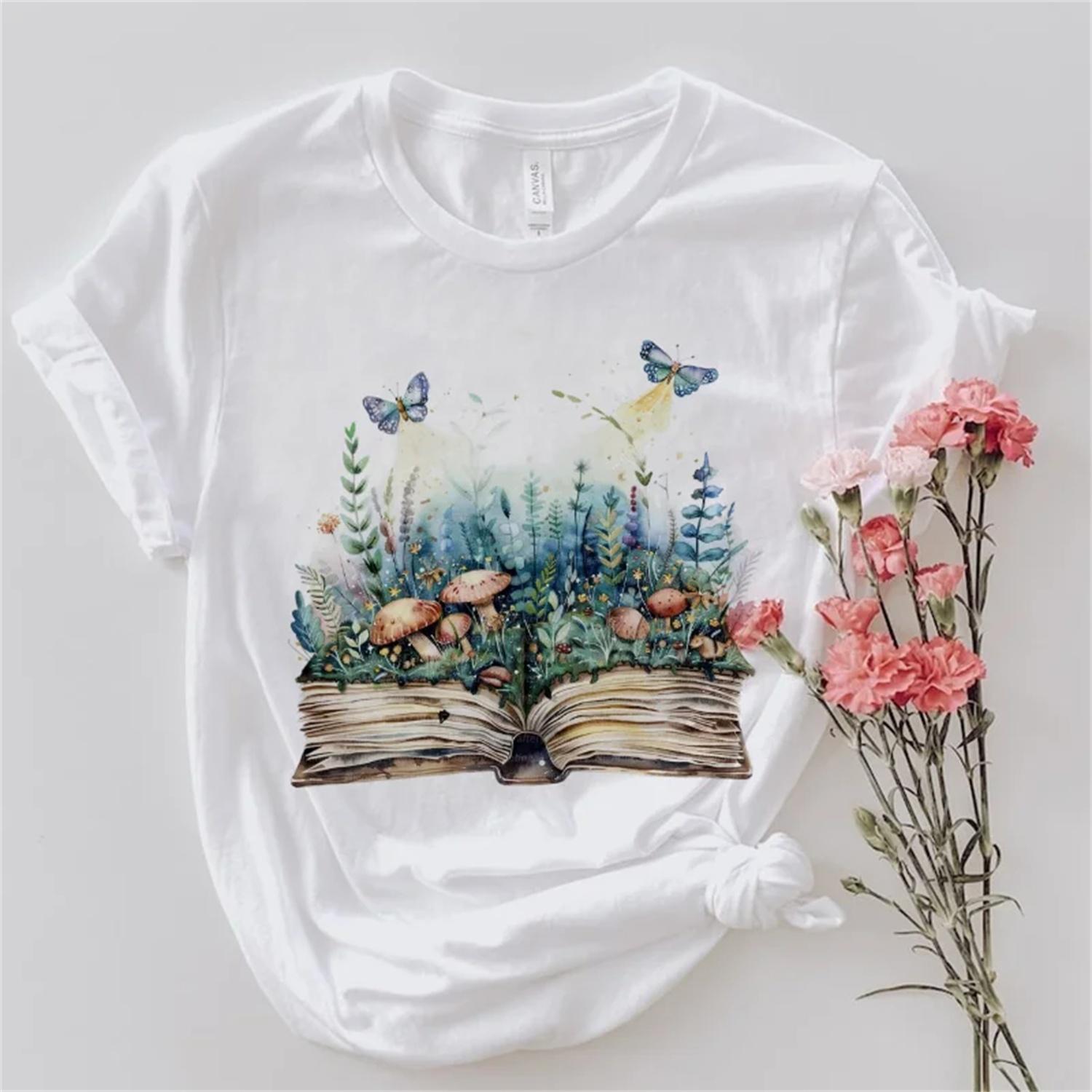 Casual Round Neck Women s T-Shirt Mushroom Butterfly Printed Book Pattern Clothing Women s Summer Short Sleeved White Fun Top S