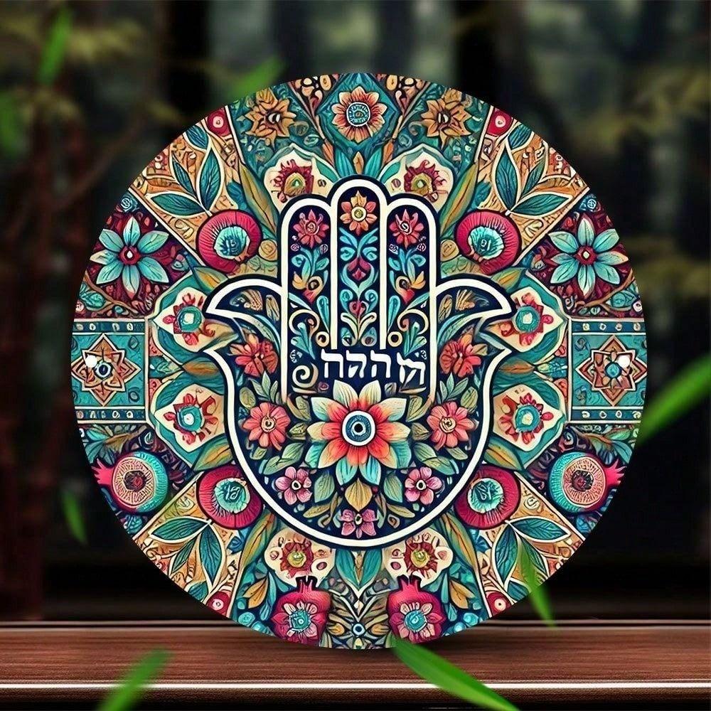 Fatima Hand Metal Wall Art Decor with Flowers Round Tin Sign