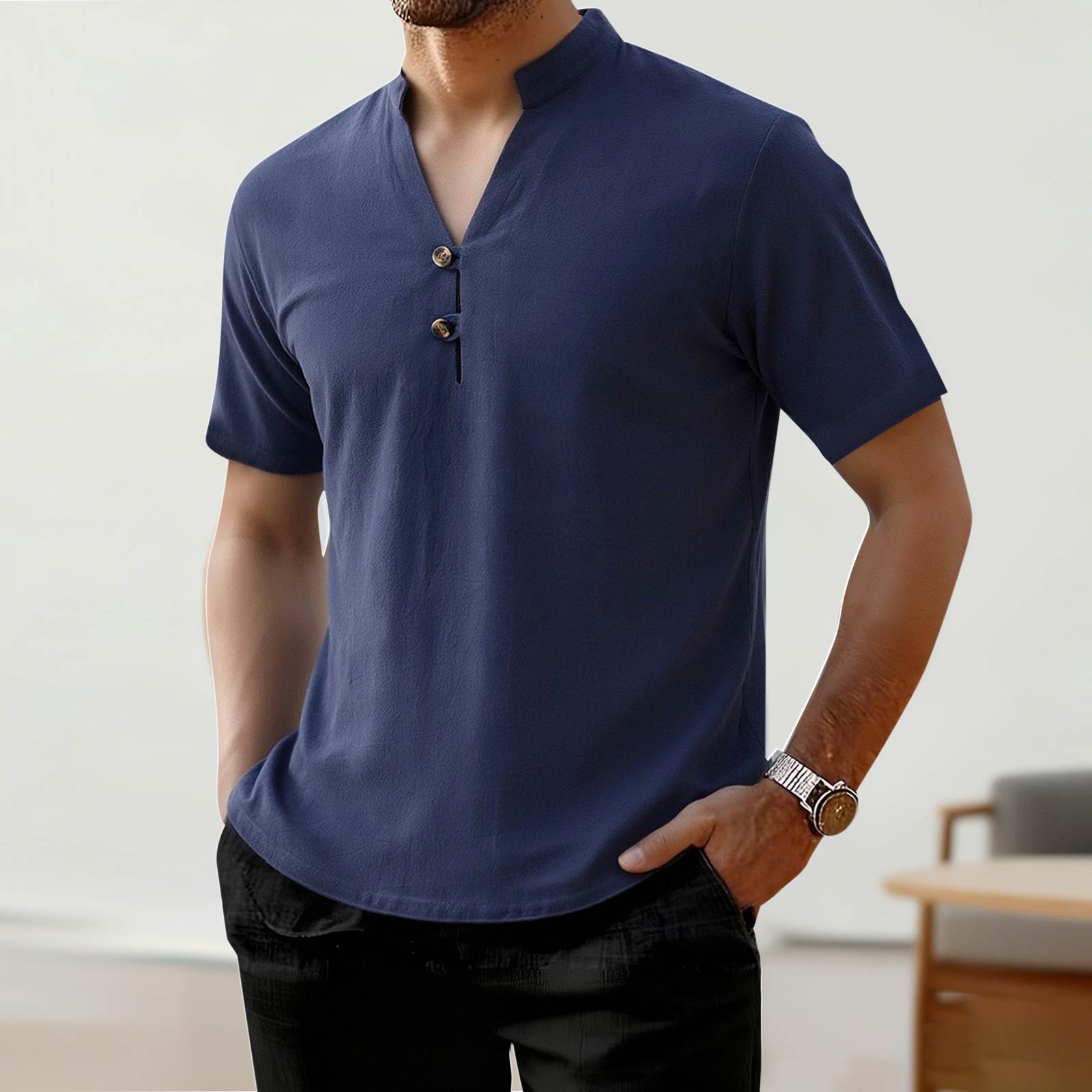 

Men s Shirt Casual Stand-up Collar Loose Shirt Short-sleeved Cotton And Linen XL Темно-синій