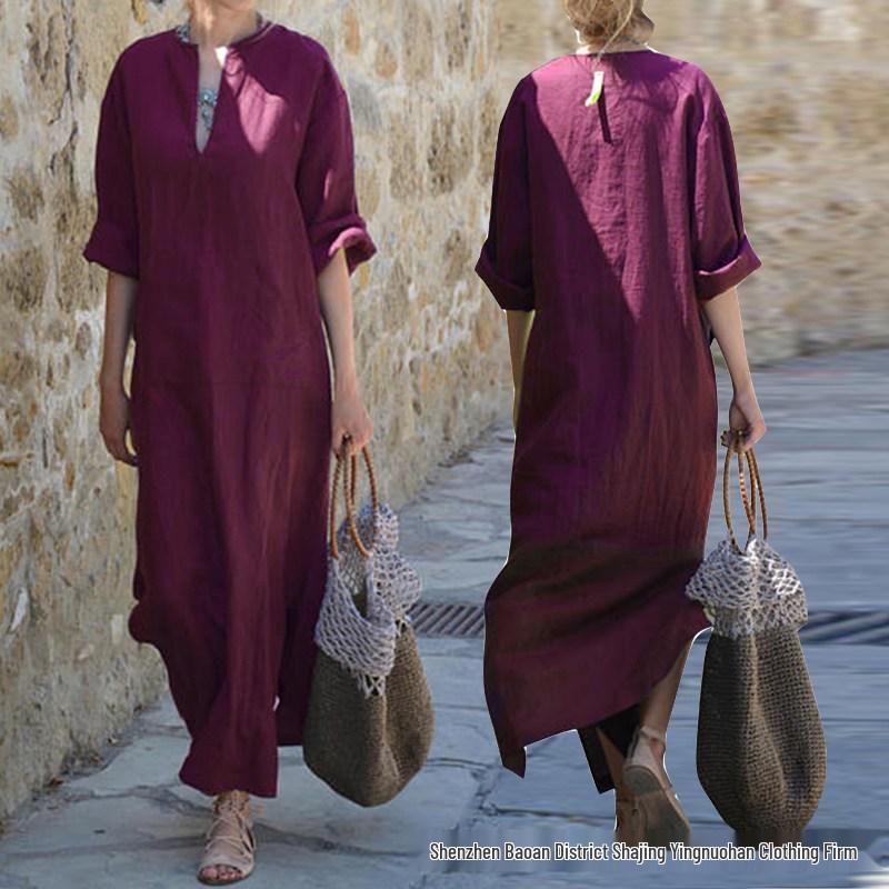 European & American Style Women's Loose V-Neck Plus Size Mid-Sleeve Split Maxi Dress