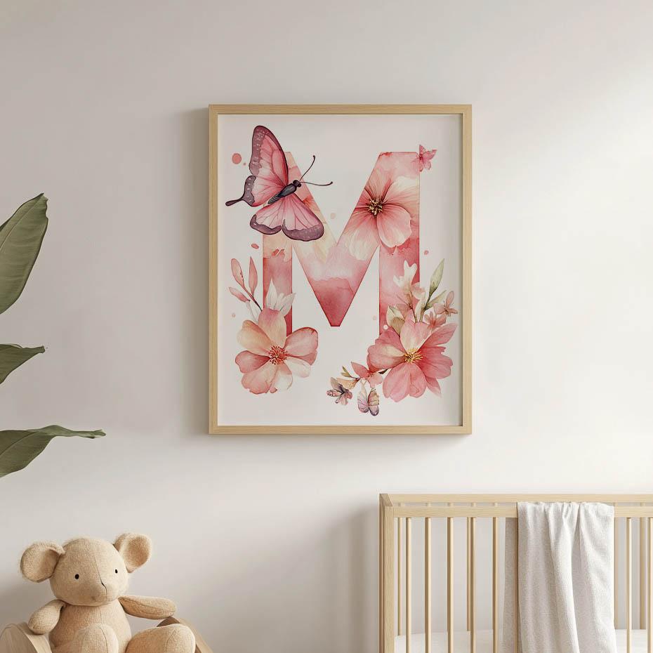 Plakat Z Literą M W Kwiatowej Kompozycji Plakat Z Literą M W Kwiatowej Kompozycji, 50X70 Cm, Bez Ramy, Płótno Premium Na Blejtramie