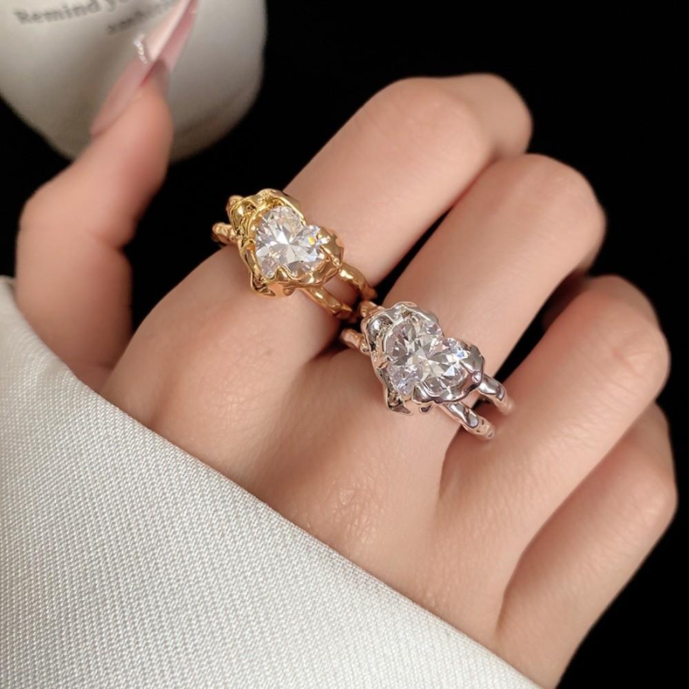 Opening Vintage Crystal Love Ring Rhinestone Opening Finger Ring Pleated Heart-shaped Ring Ladies