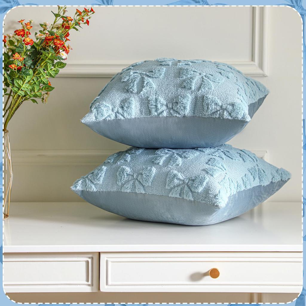 2Pcs Bow Throw Pillows, Quilted Plush Soft Decorative Cushion Cover for Sofa Bedroom Chair, Home Decor