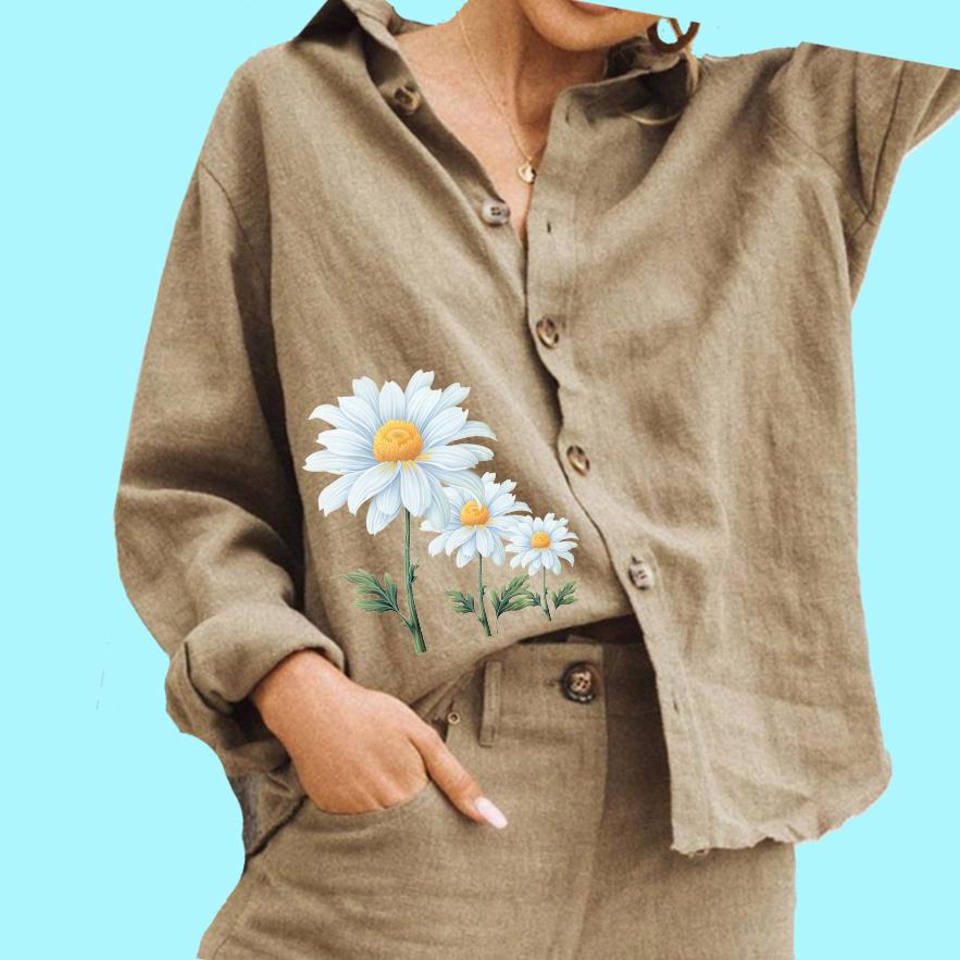 

Женская модная блузка с цветочным принтом, женская хлопковая льняная рубашка с длинным рукавом и пуговицами 3XL хаки