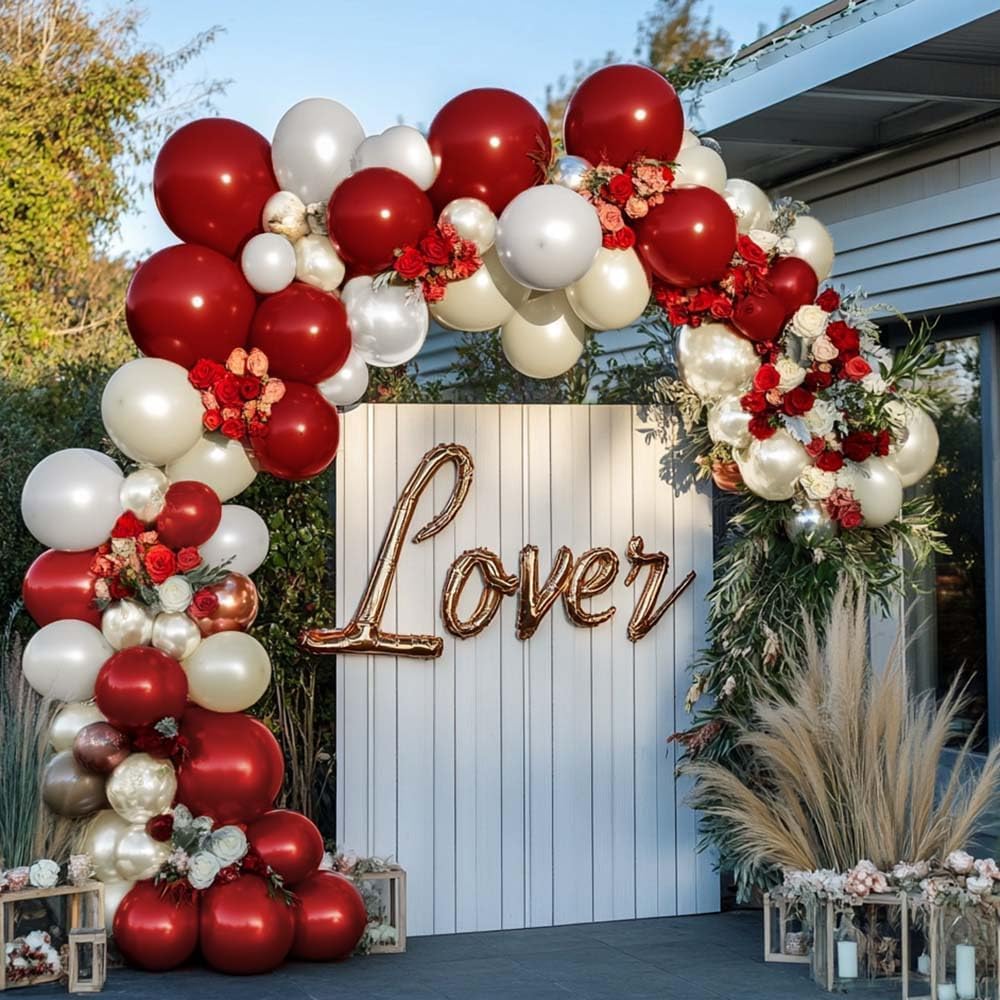 Red White Balloon Garland Dark Red Double Stuffed Balloons Arch Kit Set For Birthday Mothers Day Valentine Engagement Anniversary Bridal Shower Party