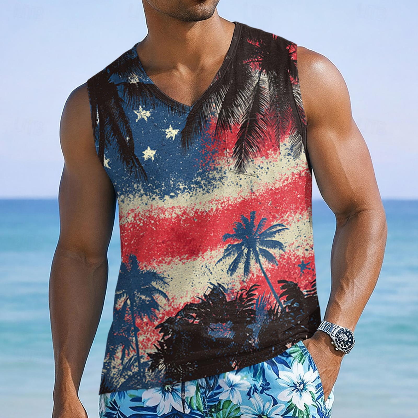 

Mens Sleeveless V Neck Tank Top Flag Printed Casual Muscle Shirt Lightweight Summer Vest for Outdoor Sports XXXL червоний