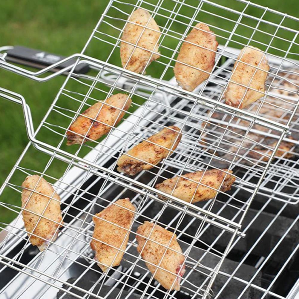 Rejilla Portátil de Acero Inoxidable para Parrilla Barbacoa al Aire Libre Cesta para Asar Pescado Mango de Madera Herramienta para Barbacoa Camping Picnic Cocina