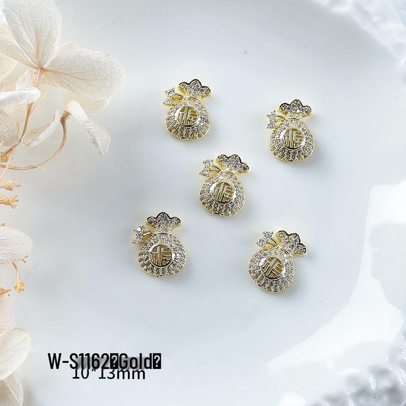 Nový rok nail art: Luxusní přívěsek Fortune Bag ze zirkonu a zlatem vykládané nositelné doplňky na nehty s kamínky