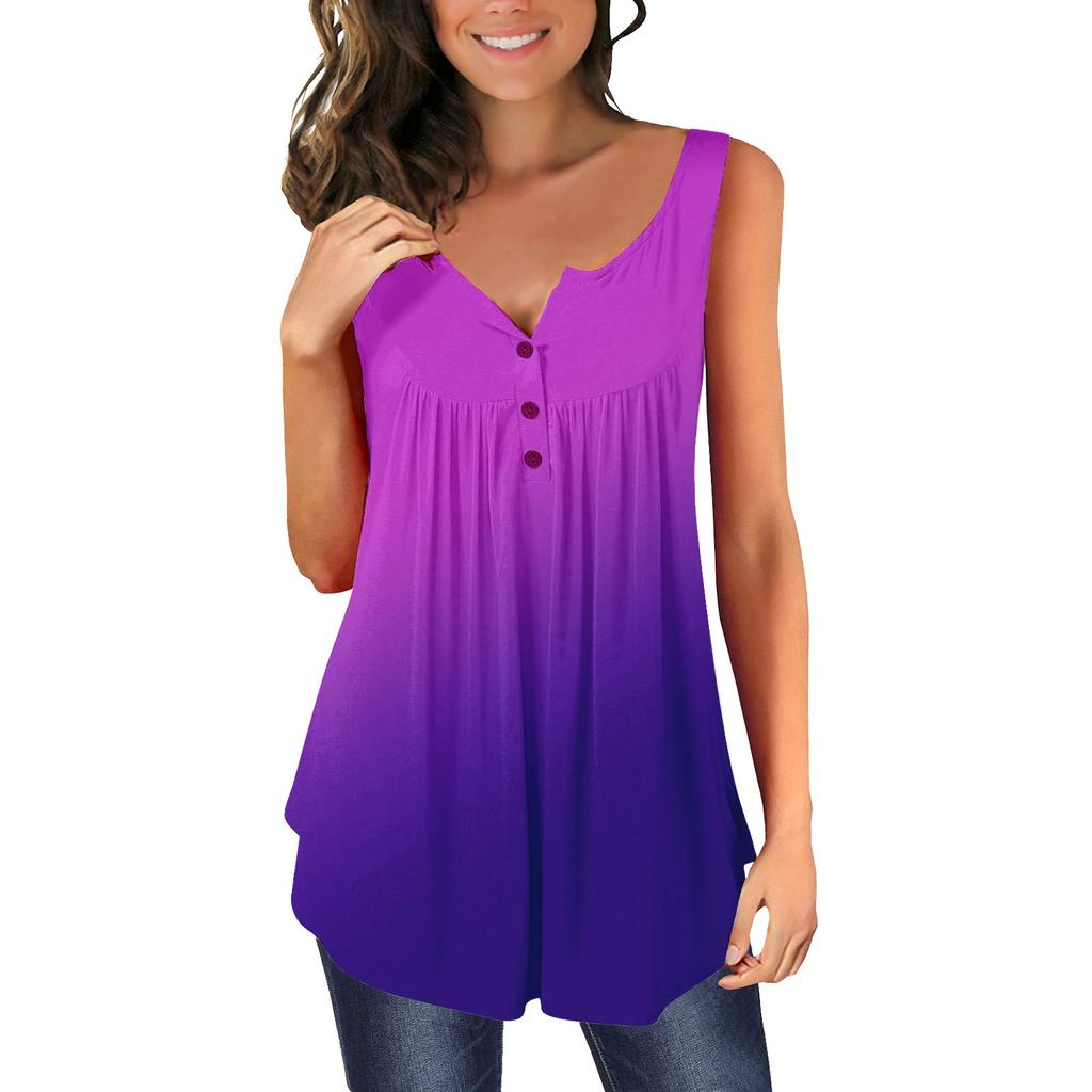 Women's Casual Fashion Plus Size Printed  Sleeveless Button V-Neck Pullover Top