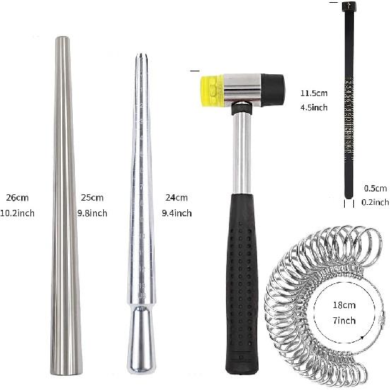 YIEPET Ring Sizing Tool, Metal Mandrel Measuring Rod Ring Mandrel Aluminum with Finger Sizing Steel Ring Sizing Meter Size Rubber Jewelry Hammer