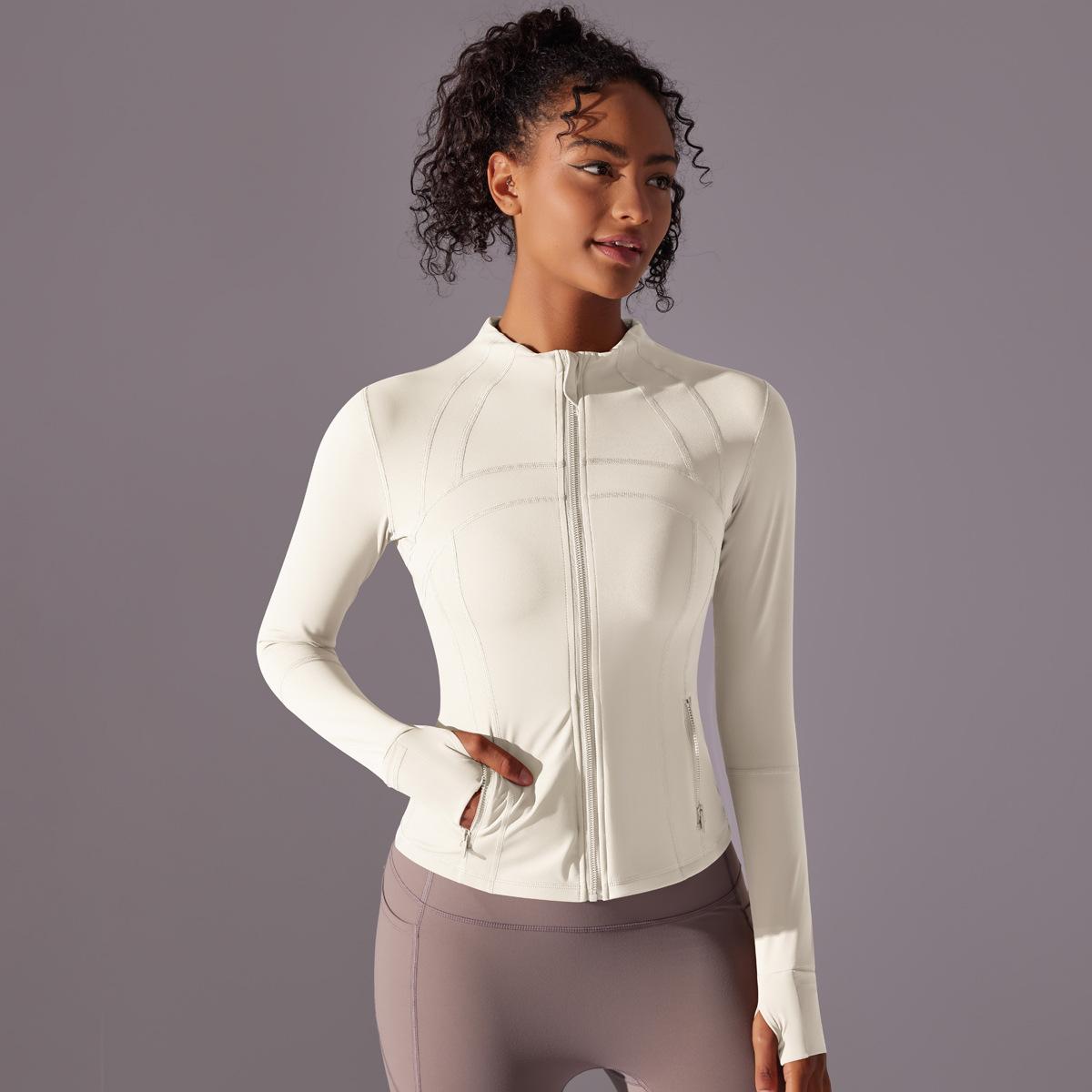 

New Double-sided Nylon Brushed Sports Zipper Stand Up Collar Yoga Jacket, Sports Running Fitness Long Sleeved Top For Women L бежевий