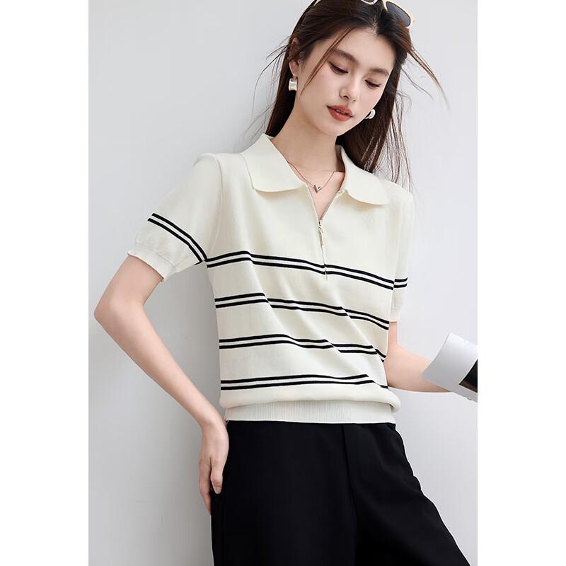 VICTORIA&VERA Women's Striped Zipper Polo Knit Top