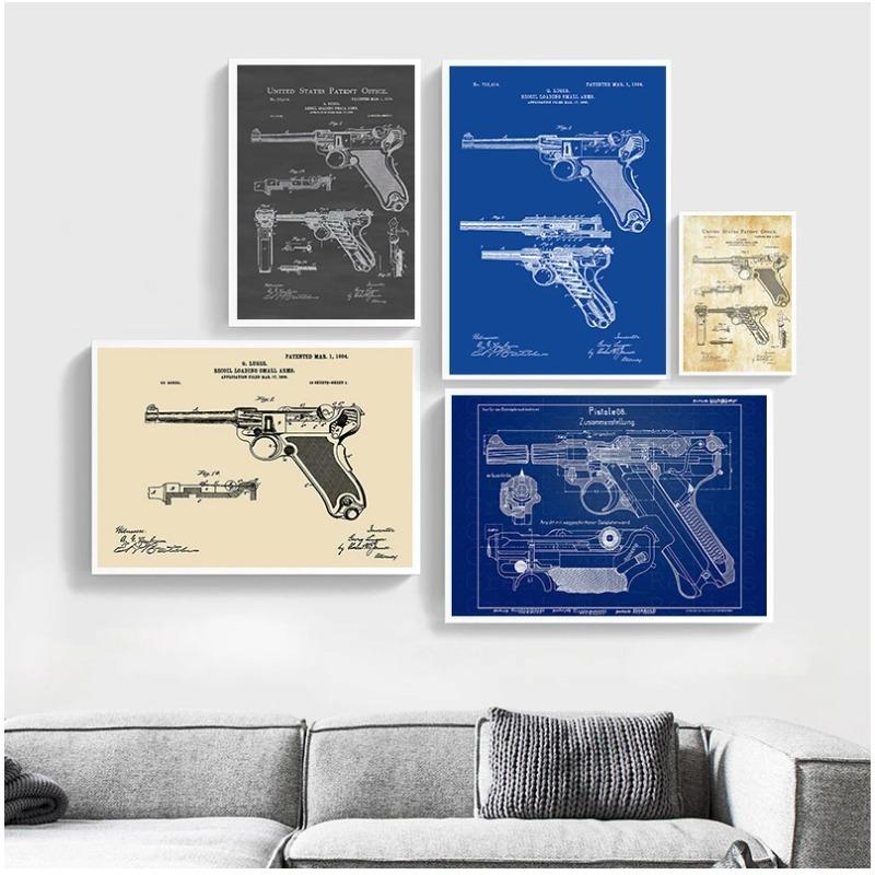 Gun Blueprint Luger Pistol Patent Chart Canvas Painting Posters And Prints Wall Pictures For Living Room Decoration Home Decor